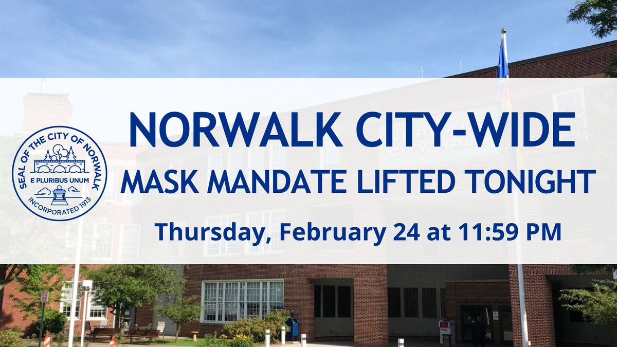 Mayor Rilling has announced Norwalk will lift the city-wide mask mandate Thursday, February 24th at 11:59 PM. For additional information visit bit.ly/NorwalkUpdate