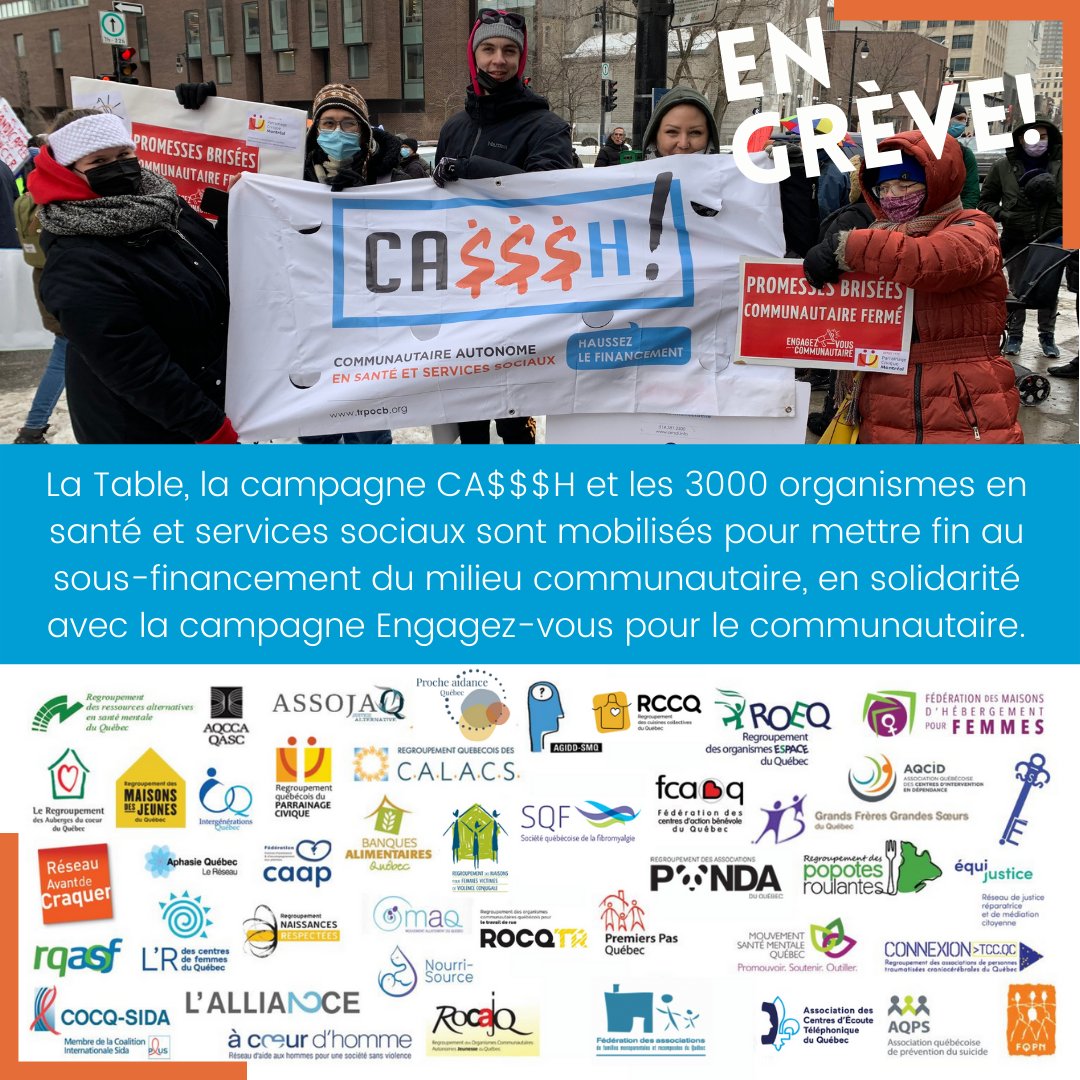 TRPOCB's tweet photo. Des #OCASSS en grève sont partout dans les rues depuis lundi pour l'action de @Engagezvousaca. Les membres de la #TRPOCB et la campagne #CASSSH sont solidaires avec le mouvement de l'action communautaire autonome #MSSS #Haussezlefinancement #psoc #budget2022 #ACA https://t.co/zb5bEP6r7V