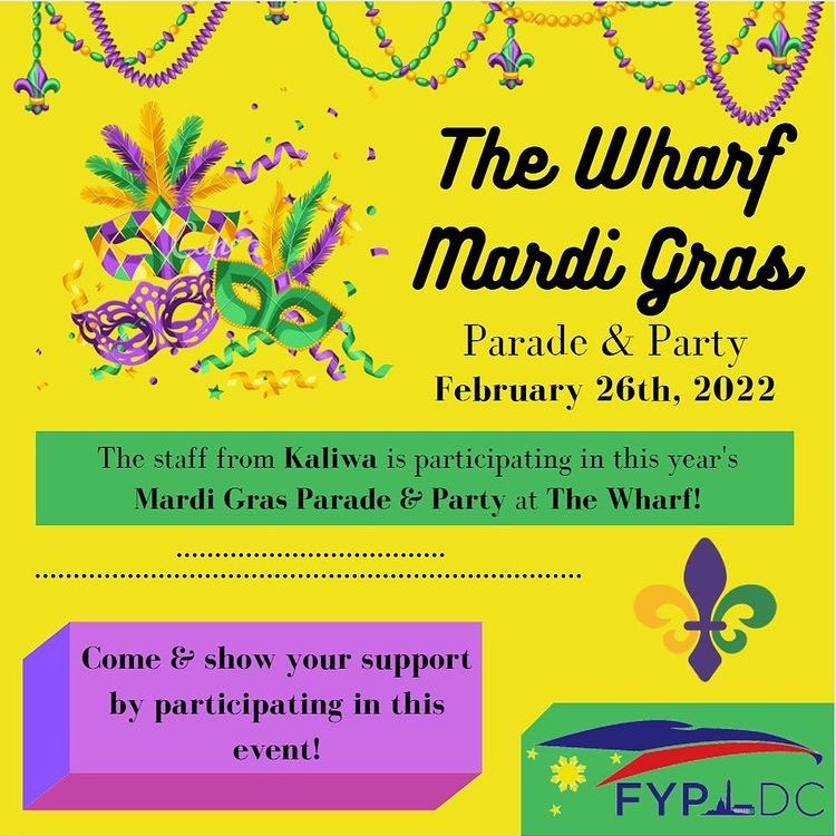 FYPDC's tweet photo. The Wharf Mardi Gras Parade and Party this Saturday, February 26 at 2pm! Come and show your support at Kaliwa restaurant. 760 Maine Avenue SW, Washington, DC #fyp #fypdc #filipino #filipinoamerican #aapi #outdoors #parade #mardigras https://t.co/N77bNGcsEW