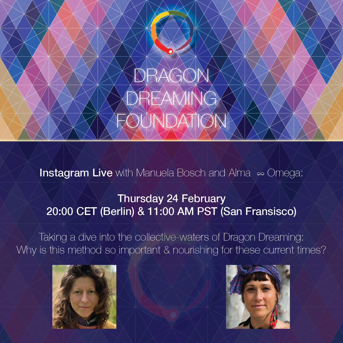 In less than two hours, Thursday 8pm CET / 11am PST Alma Omega Maegan Melissa and I will talk about "Why this method is so important &amp; nourishing in current times?"

We will be on my Instagram - live:
Follow @manuelabosch_ and/or <a href="/almaomega/">ALMA ROSA GUZMAN SAN</a> 

#DragonDreaming #Facilitation