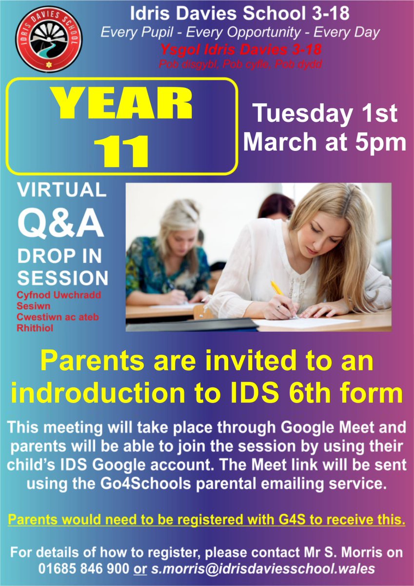 Year 11 options session Lesson 5 01.03.2022, followed by a parental Q&amp;A <a href="/5pm/">5pm.co.uk</a>. Please contact the school with any questions. Mrs Morris.
<a href="/IDS3to18/">Idris Davies School 3_18</a>
<a href="/IDSHeadteacher/">Mrs Owen</a>
