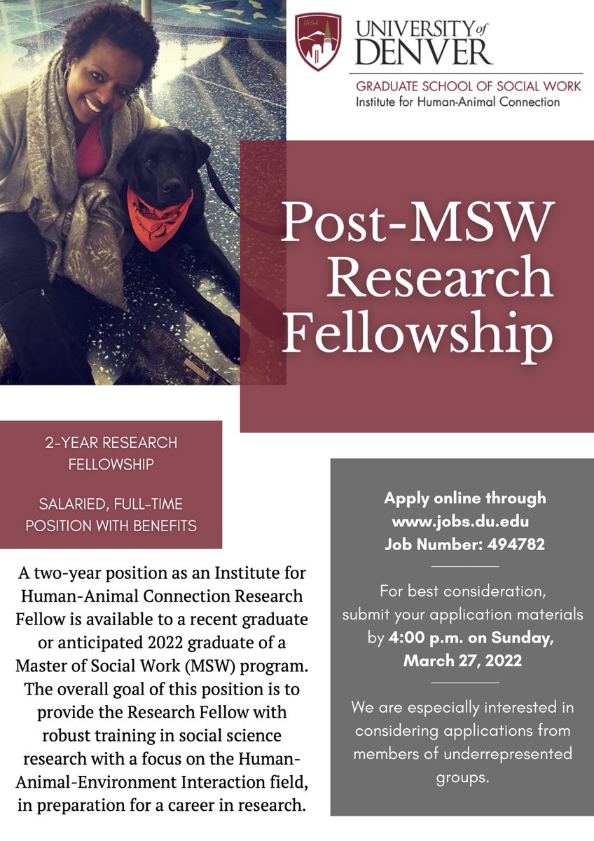 Applications are open for IHAC's 2-year #ResearchFellowship! Seeking #MSW graduates who plan to pursue a career in social science research, esp. those interested in intersections between people, other animals, and the environment. jobs.du.edu/cw/en-us/job/4…