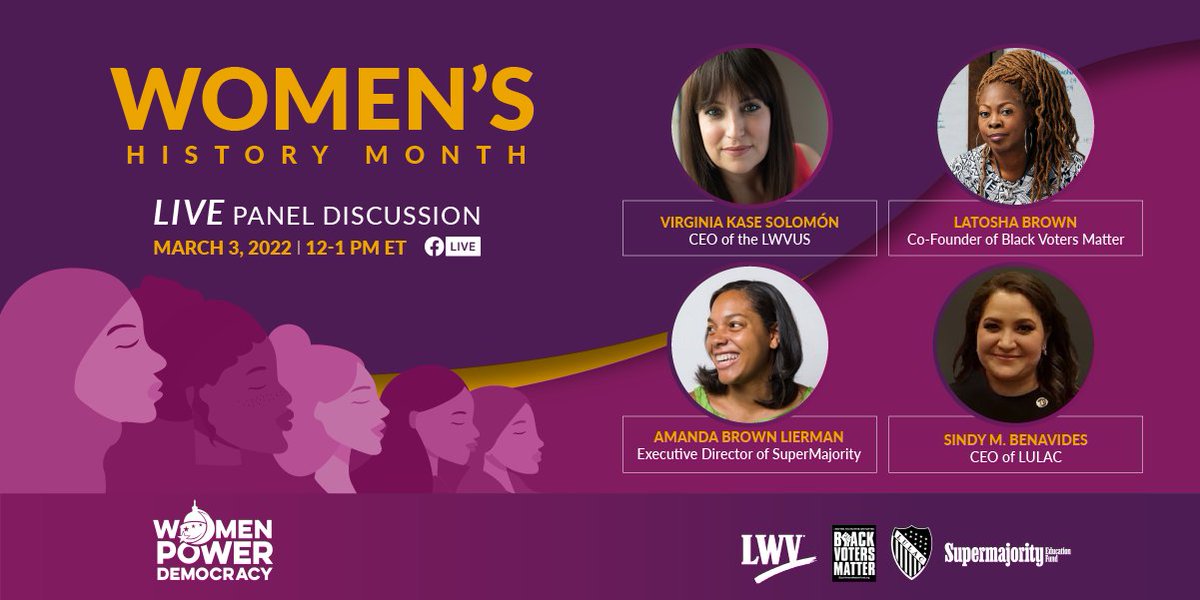 101 years later, women are still powering our democracy! 

Join us on 3/3 for a #WomensHistoryMonth panel discussion with leaders from <a href="/BlackVotersMtr/">Black Voters Matter Fund</a>, <a href="/supermajority/">Supermajority</a>, and <a href="/LULAC/">LULAC</a>! #WomenPowerDemocracy 

RSVP 👉 bit.ly/3JT5sPu