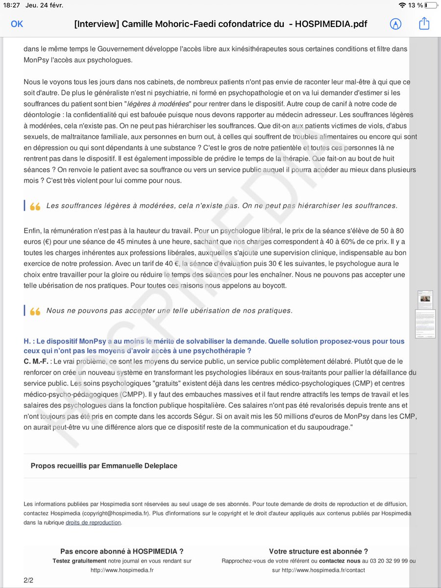 CamMohoricFaedi's tweet photo. Merci @deleplace10 et @HOSPIMEDIA pour ce droit de réponse concernant le dispositif #monpsy ! J’explique pour le @Manifestepsy1 fort de ses 7400 psychologues, les raisons de notre boycott massif de ce dispositif maltraitant, contraire à notre déontologie @CordierCaroline @sedatif https://t.co/0TKtoZ3ML2