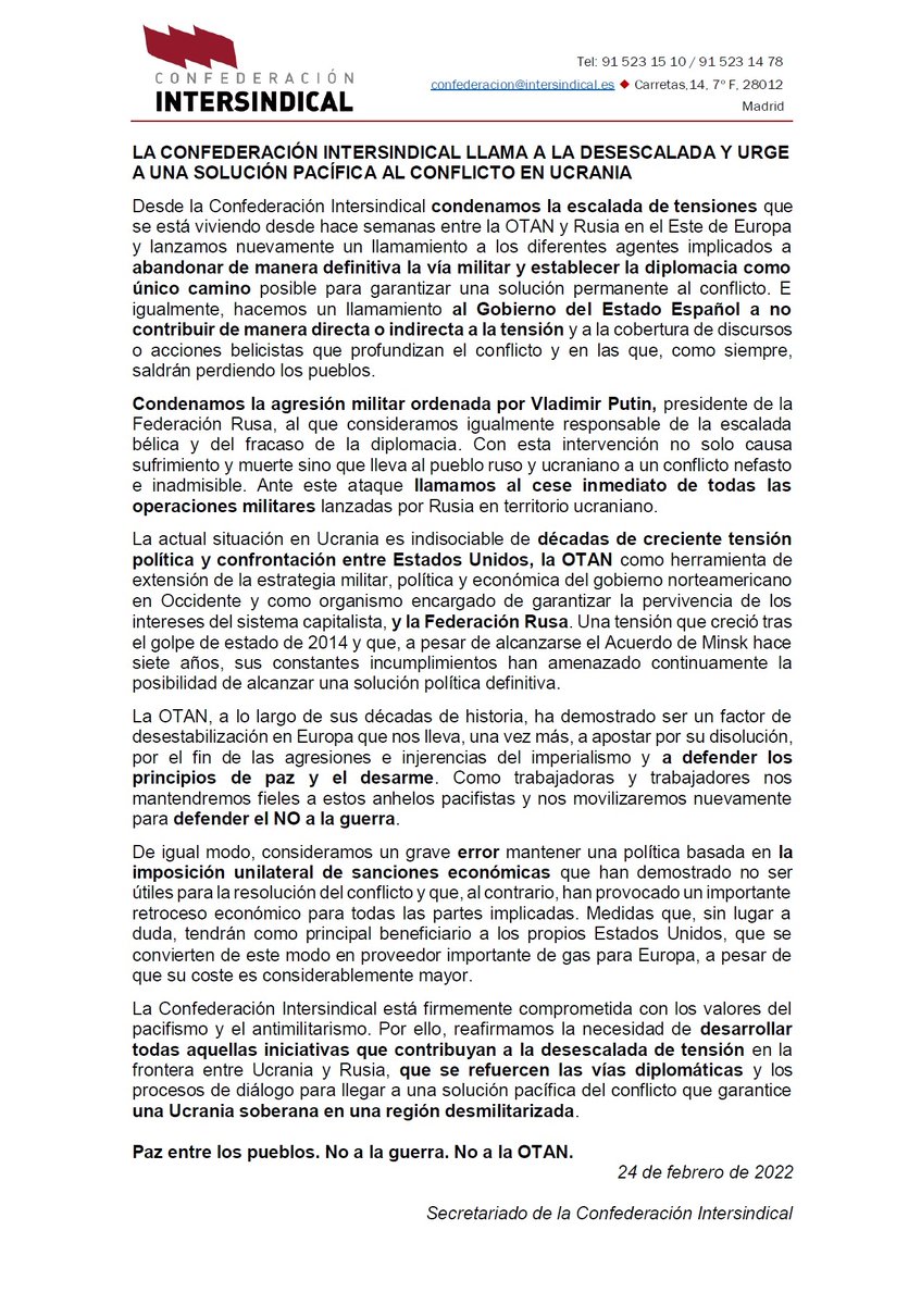 Comunicado de la <a href="/ConfeIntersindi/">Confederación Intersindical</a> pidiendo la solución pacífica del conflicto en Ucrania
 #pazUcrania 
#PazEntreLosPueblos
#NoALaGuerraEnUcrania 
#NoALaOTAN