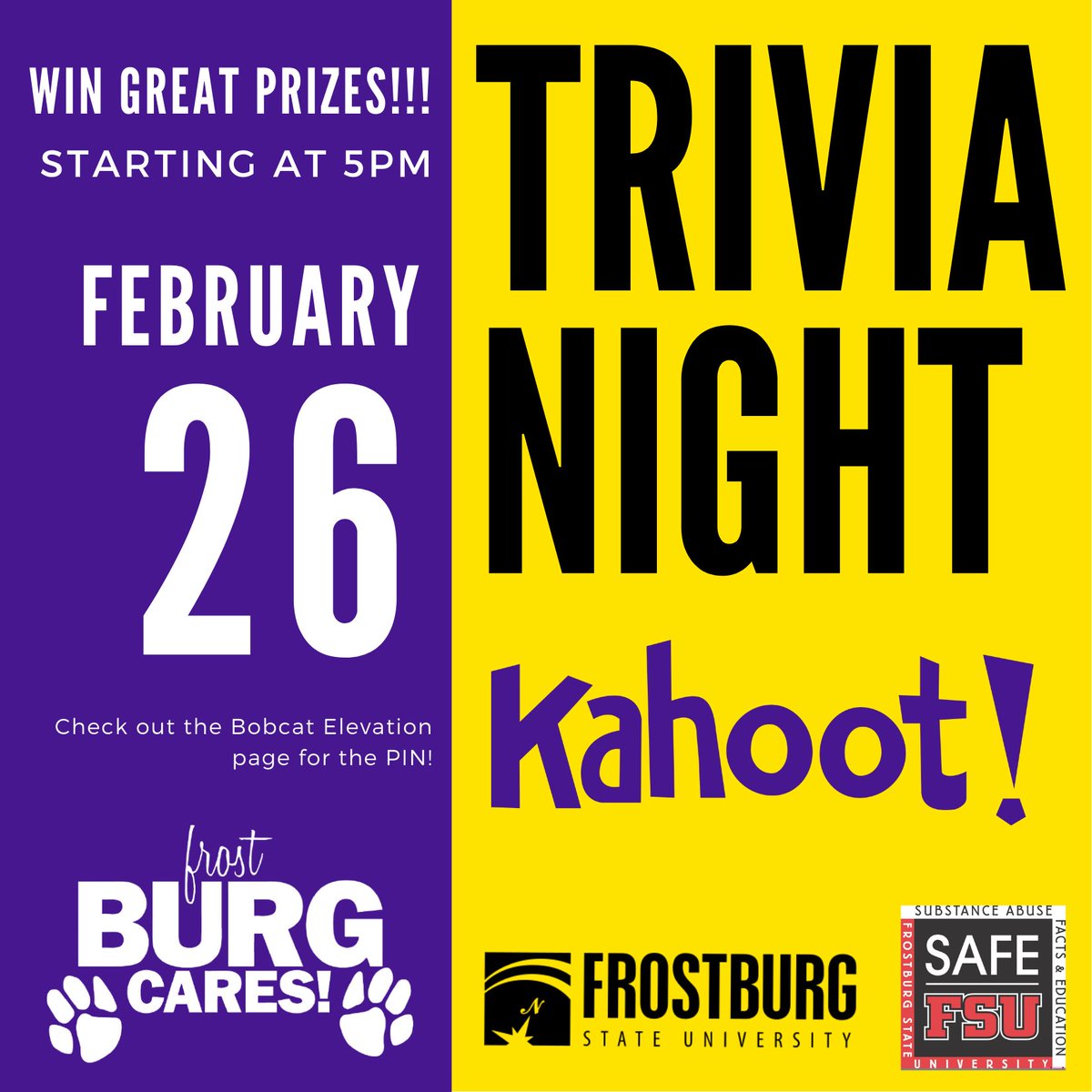 FSU_SAFE_Office's tweet photo. Kahoot! Round 3, TONIGHT at 5PM. 
Join the game by getting the PIN from our CANVAS, BOBCAT ELEVATIONS page. https://t.co/faAT4n1iJK