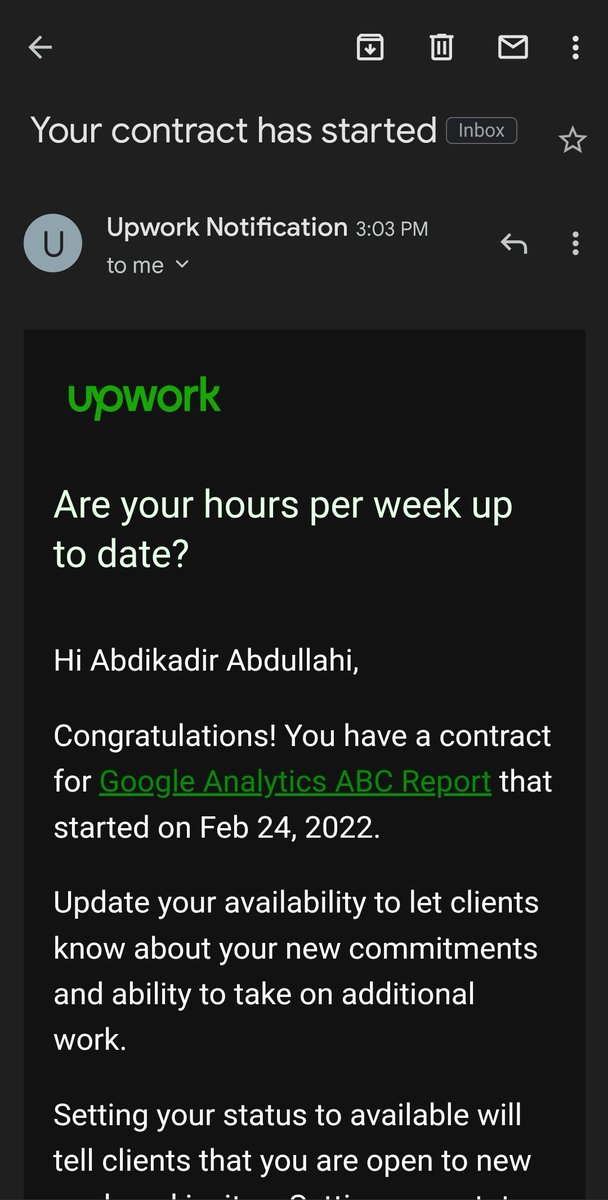 AkadirDirey's tweet photo. Alhamdulilah  My first @Upwork  Contact is started, The dream is becoming true.
thank you @SIMADiLab &amp; All Mentors.
 
#upworkfreelancer 
#SIMADiLabian https://t.co/5PUk2cSeeL