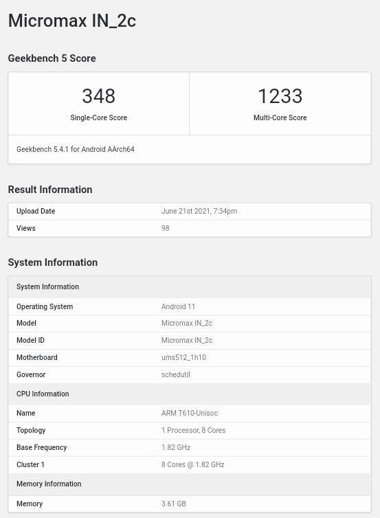 TechKard's tweet photo. #Micromax IN 2c is aldredy listed on Geekbench database back in June 2021.
Model no. E6533
Unisoc T610
4GB Ram
Android 11
#inforindia #IN2C https://t.co/R4ypwo7pbX