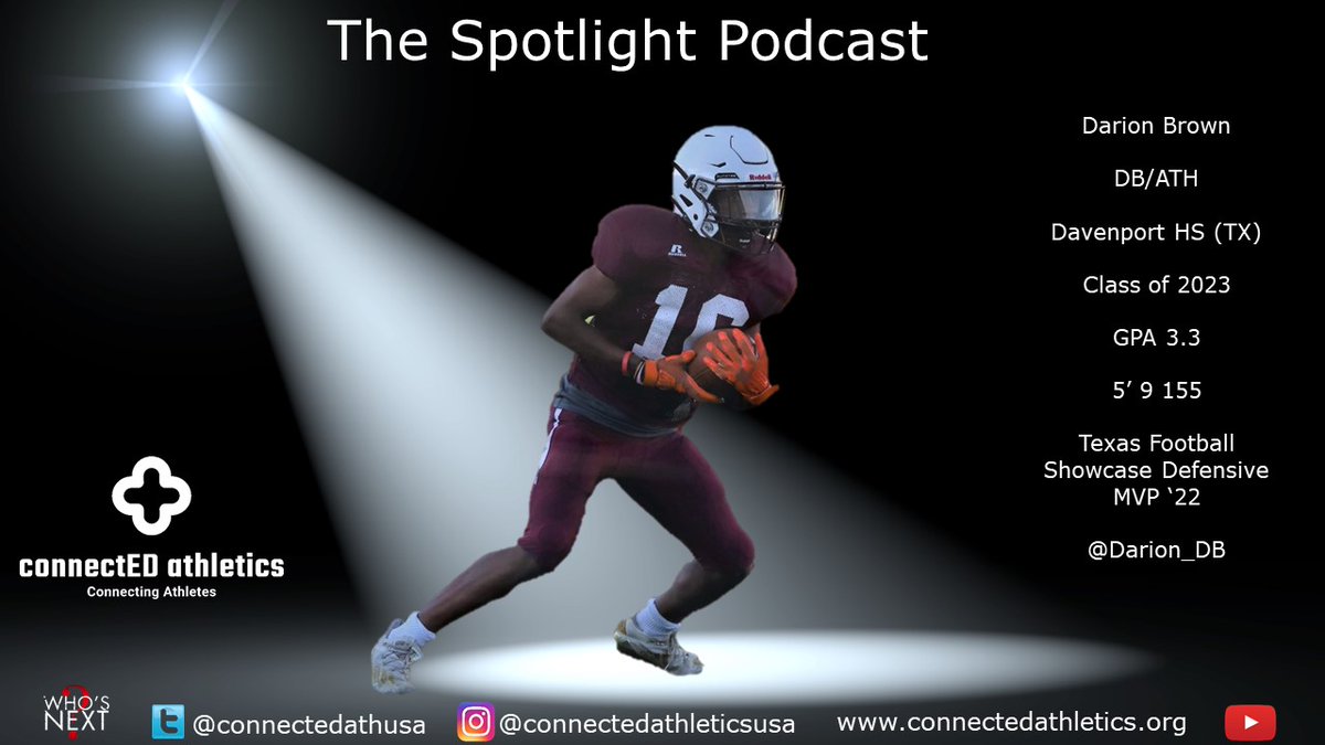 SpotlightPdcast's tweet photo. Coaches looking for a dual-threat playmaker on both sides of the ball will want to get to know the name '23 DB/ATH Darion Brown from Davenport HS (TX). Speed, explosiveness, ball skills, great feet/speed/quickness, hips. Academics✅
Watch the video at https://t.co/XT0WToIT9Y https://t.co/CXlqJQ8oHm