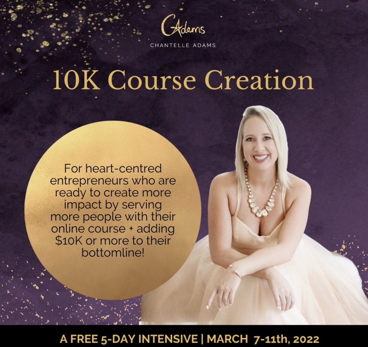 ElenaLipson's tweet photo. https://t.co/7aOmt8xAyK
This 5 Day Intensive, $10K Course Creation, is a paid online course that sells for $497 USD but this time, Chantelle is runnninng it for FREE because she is on a mission to help heart-centred entrepreneurs create wealth with their gifts! https://t.co/kL37MzQOLl