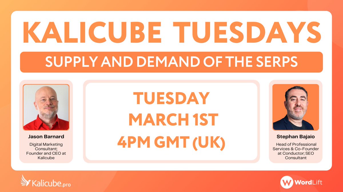 NEXT WEEK 🤩

#KalicubeTuesdays with <a href="/stephanbajaio/">Stephan Bajaio</a> and <a href="/jasonmbarnard/">𝄢 Jason Barnard 🇺🇦</a>: Supply &amp; Demand of the #SERPs

Can a change in approach to queries and search results help to better understand your audience?

Make sure to tune in to find out!

Save your spot 👇

🔗 bit.ly/3LRl3AW