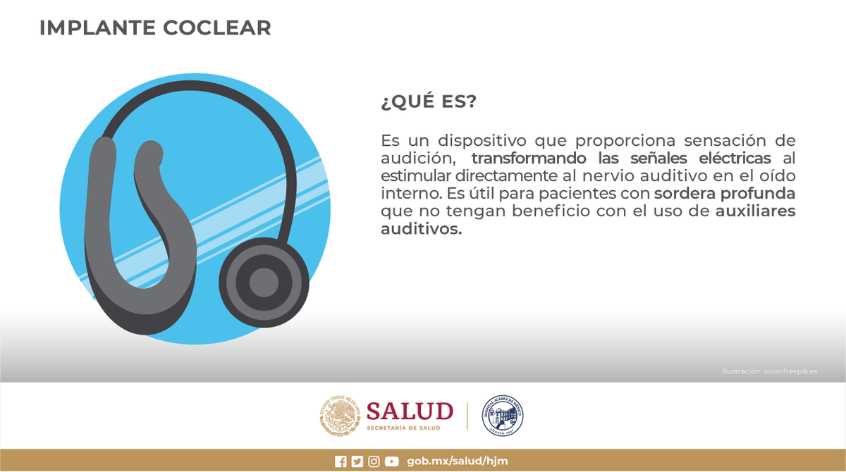 HospitalJuarezM's tweet photo. El #ImplanteCoclear intenta reemplazar el funcionamiento del oído interno, transformando el sonido en energía eléctrica. Esta energía se puede usar luego para estimular el nervio coclear (el nervio de la audición), enviando señales "sonoras" al cerebro. https://t.co/NuxQU9JhTt