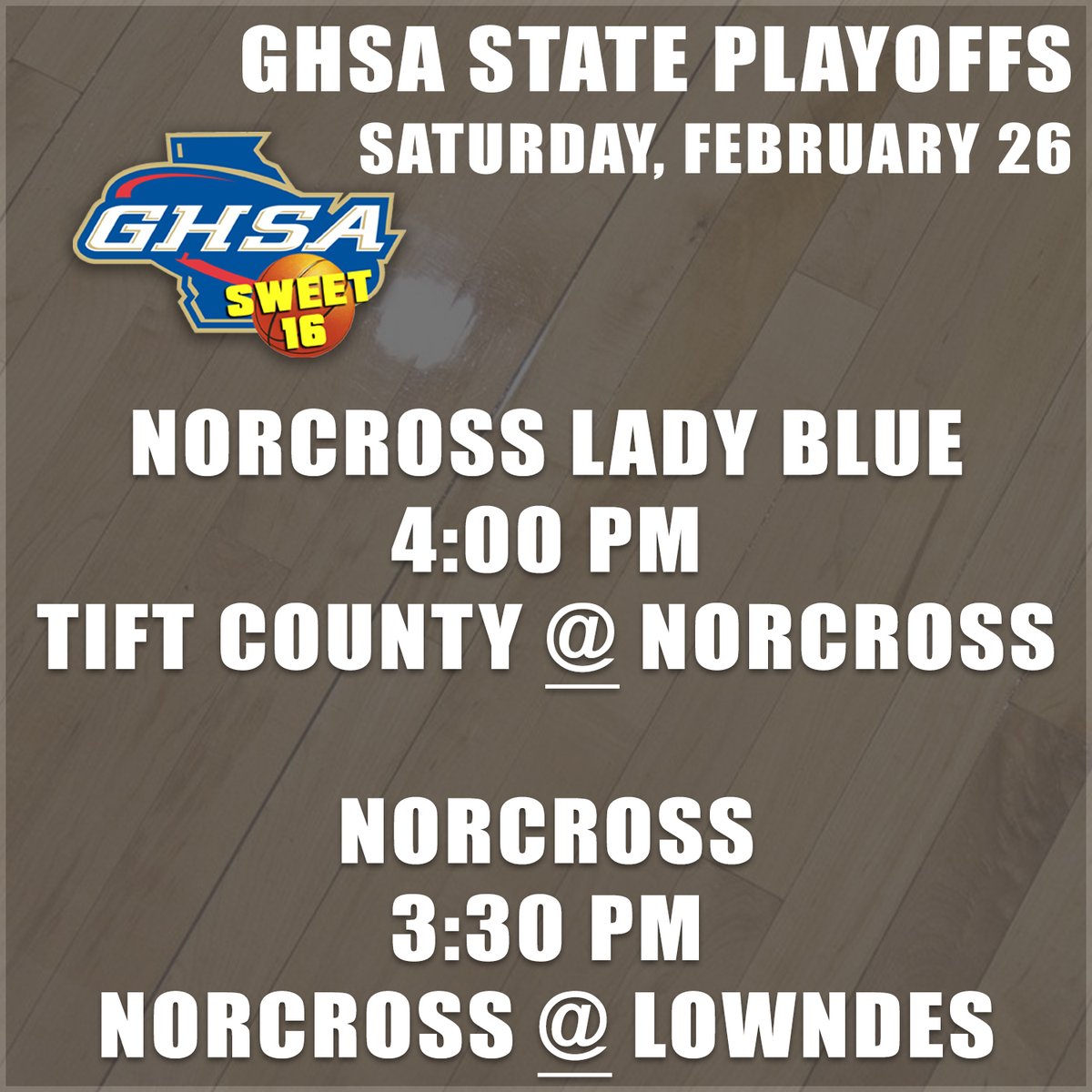 NorcrossHoops's tweet photo. Our 2nd Round - Sweet 16 games are set.
BOTH games will be played February 26th.
The Varsity Girls will host Tift County at NHS (4:00pm).
The Varsity Boys will travel to Lowndes (3:30pm). https://t.co/moGPZbNXWX