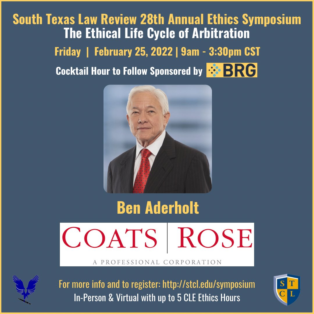 STCL_LawReview's tweet photo. Ben Aderholt will be hosting a presentation on construction arbitration. #stclhethics2022 #arbitration #TexasCLE @TexasBarCLE https://t.co/kygCbVEhnP