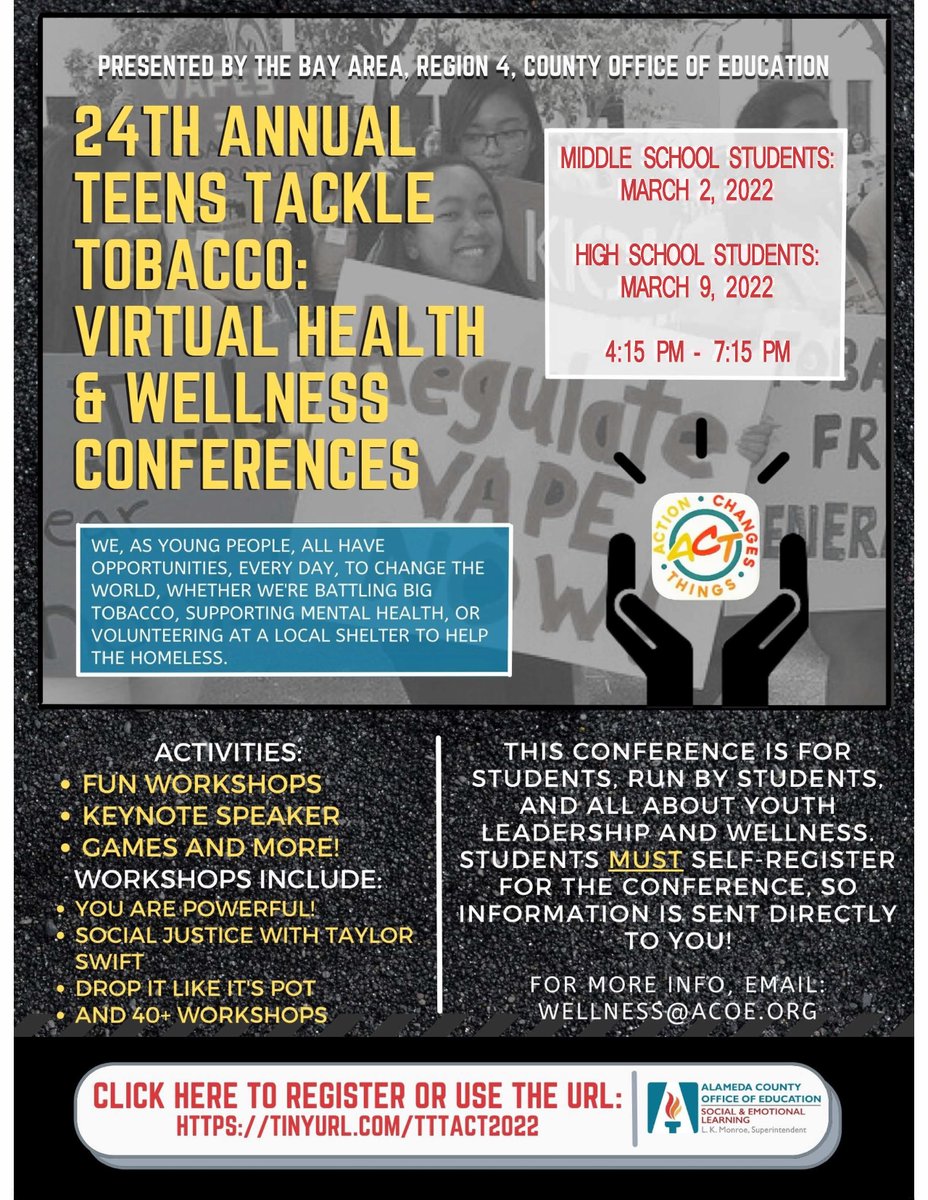 AlamedaCOE's tweet photo. The Teens Tackle Tobacco Conference is happening soon! This is a virtual health and wellness conference run by students, for students!
➡️ 3/2 middle school 
➡️ 3/9 high school 
See flyer for registration info.  
@ACOEWellness @ACtobaccofree 
#youthaction #YouthLeadershipMonth https://t.co/XslAz9D7jc