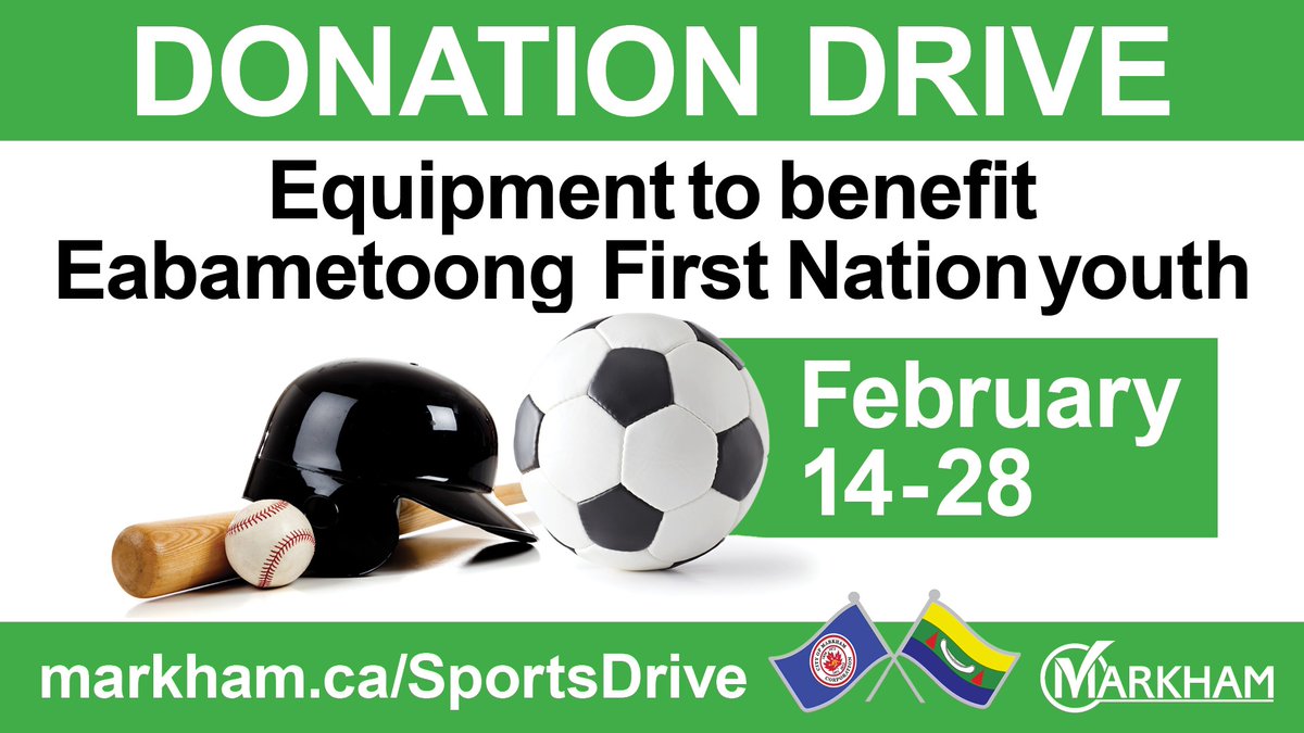 cityofmarkham's tweet photo. Drop off new or gently used baseball bats &amp; gloves &amp; soccer equipment until February 28, 2022.

All donations to support growing the game of youth baseball &amp; soccer in Eabametoong First Nation &amp; supporting physical activity.

Bin locations: https://t.co/JM1YBHaLZt

#MarkhamCares https://t.co/3mOprEkjZn