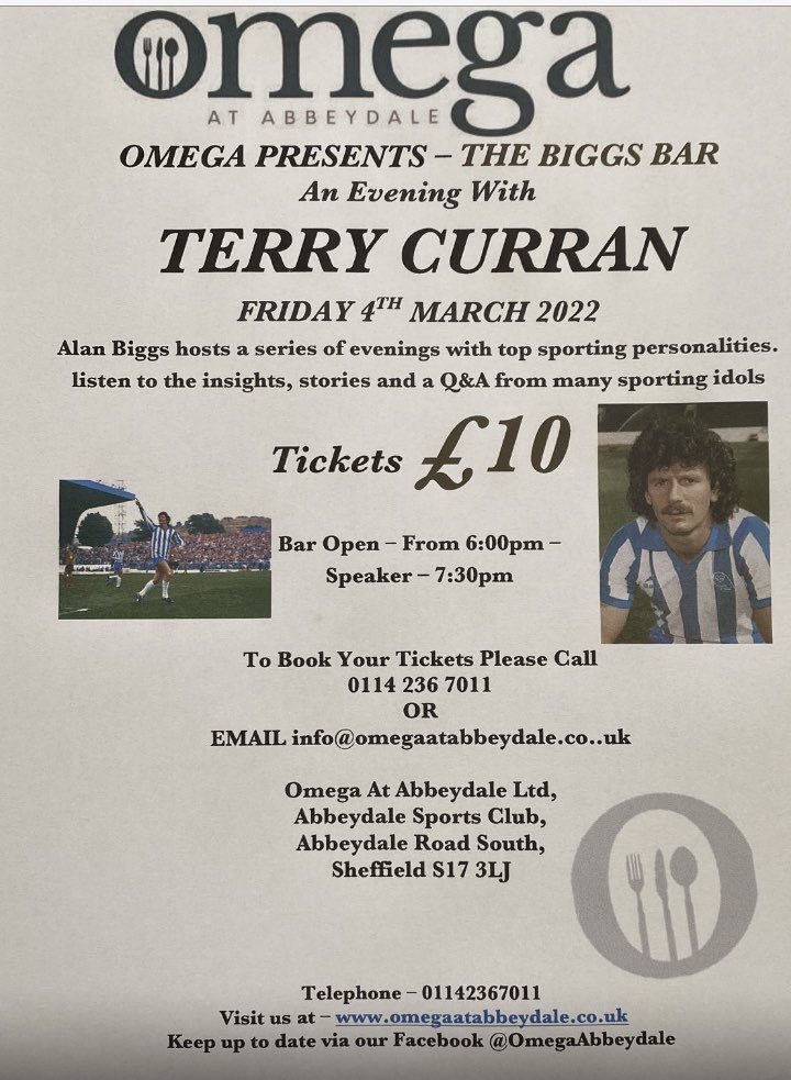 Last call for this. Told the room is almost full. Terry’s tales for a tenner!
#SWFC #DRFC .
And I’d better include #Saints as ⁦<a href="/OmegaAbbeydale/">Omega at Abbeydale</a>⁩ have had a guy on from Southampton talking about driving up!