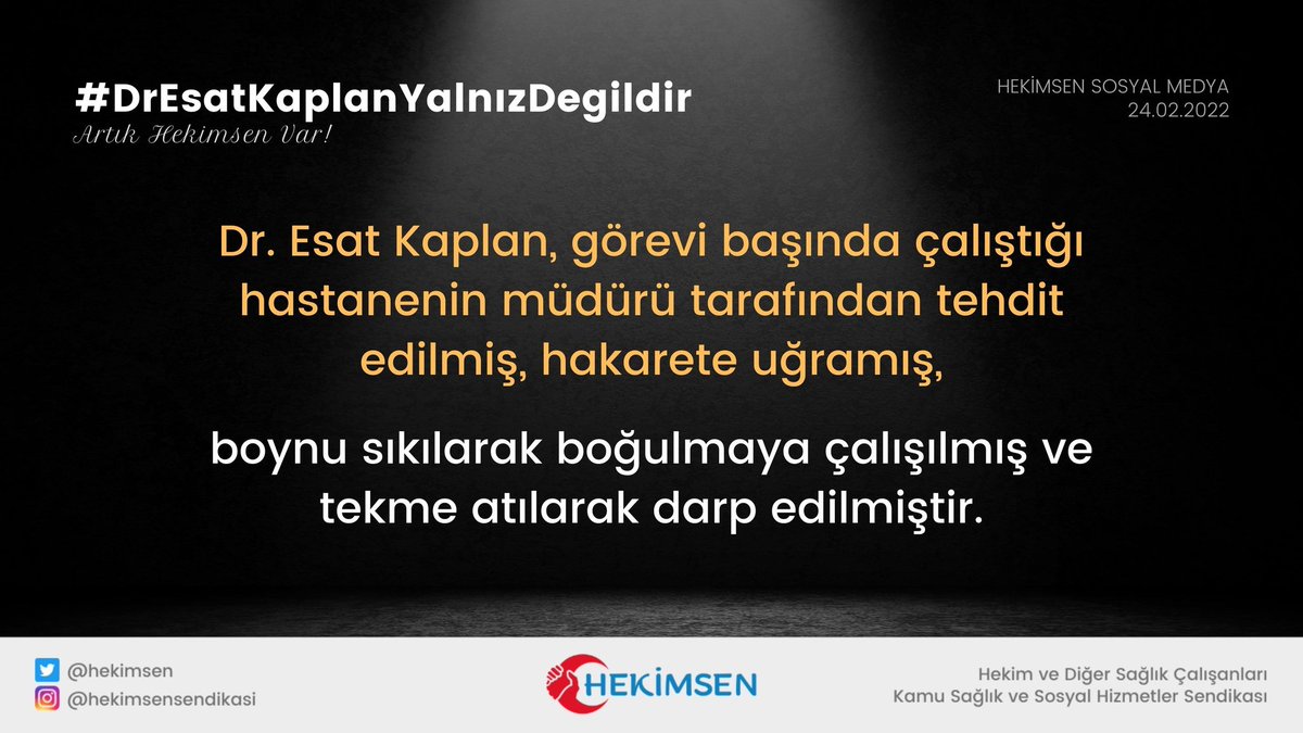 Solhan Devlet Hastanesinde görevi başında hastane müdürü tarafından meslektaşımız Dr. Esat Kaplan darp ve tehdit edilmiştir.
Olayı şiddetle kınıyoruz.
Görevden alınmasını talep ediyoruz.
#DrEsatKaplanYalnızDegildir
