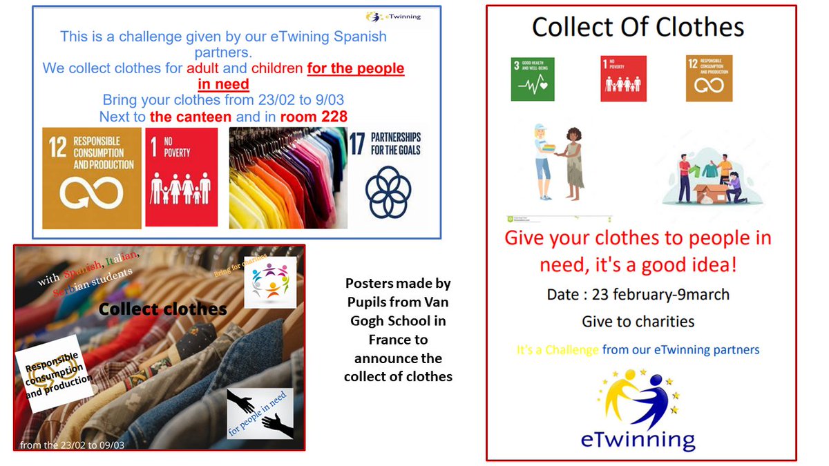 LoLanglois's tweet photo. Les élèves de 3e @collegevangogh  relèvent le défi #odd   #SDGs  lancé par leurs partenaires #eTwinning de @4Blecua avec une collecte de vêtements pour des associations caritatives. Fabrication de posters et mise en place de la collecte jusqu'au 9/03.
https://t.co/aURG5Hy6Ve https://t.co/c9fKbVwM7t