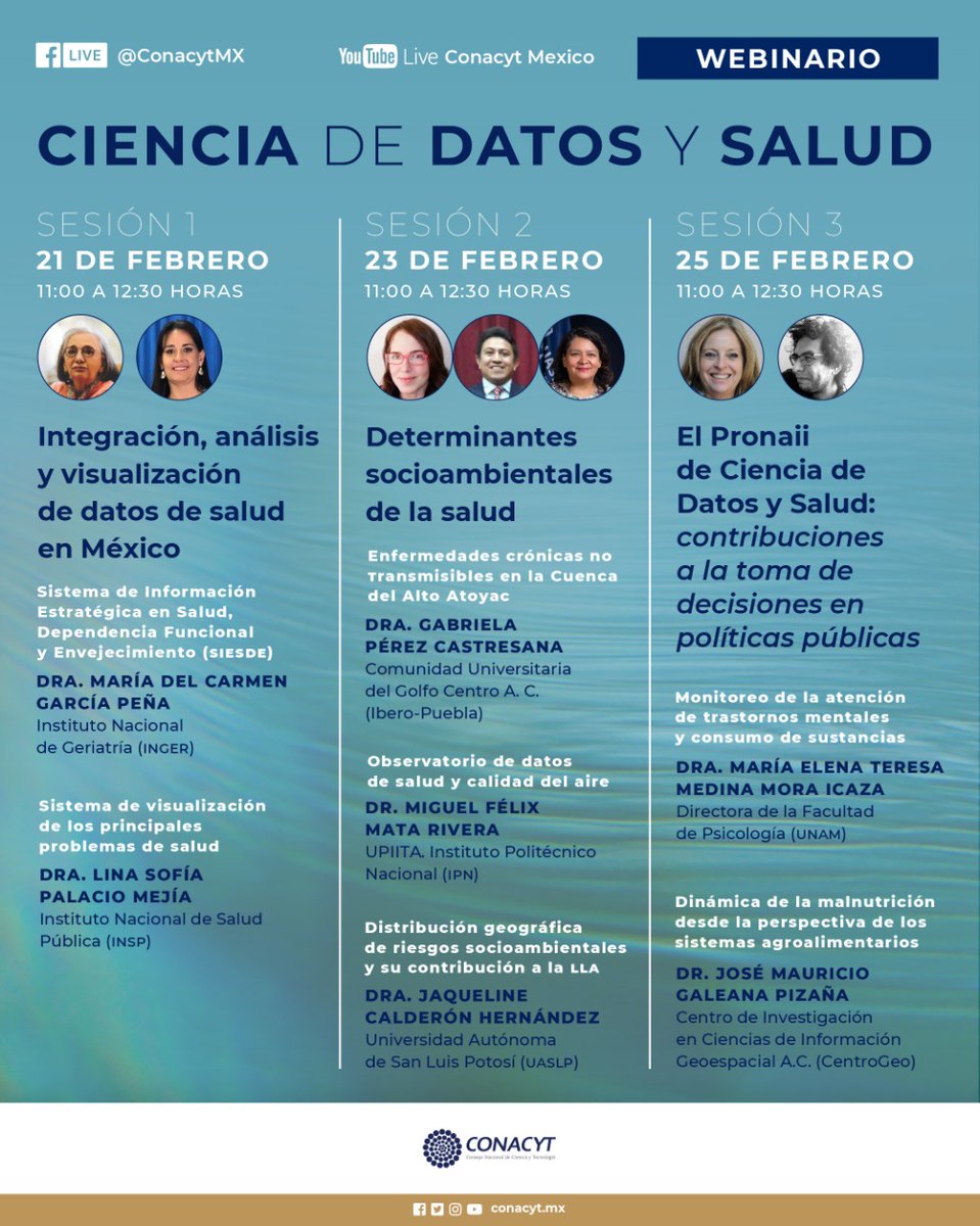 El Conacyt invita a seguir la tercera sesión del webinario "Ciencia de Datos y Salud".
📆 25 de febrero de 2022
🕰️ 11:00 a 12:30 h
 bit.ly/3sBAnZy