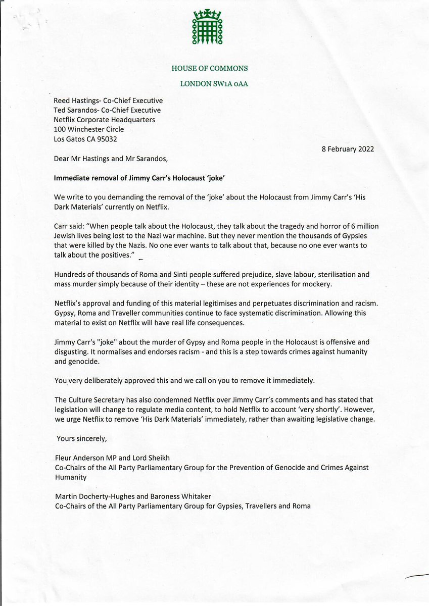 I have co-signed the letter to Netflix Corporate Headquarters and a copy of the letter is reproduced herewith