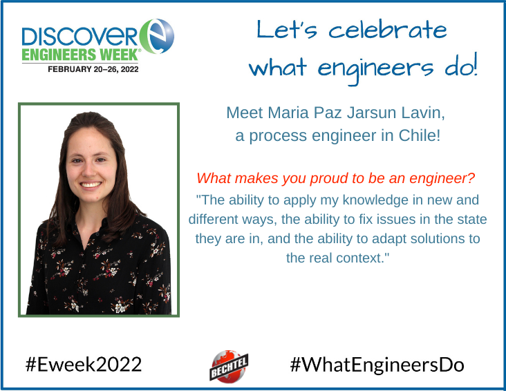 Bechtel's tweet photo. As part of our #EWeek2022 blog series, we asked engineers why they are passionate about reimagining the possible. Find out why Maria, an engineer in Chile, enjoys improving the quality of life for people around the world. 🔗https://t.co/cpOHZhNfNw 
#GirlDay2022 #WhatEngineersDo https://t.co/e2cw4ReD7J