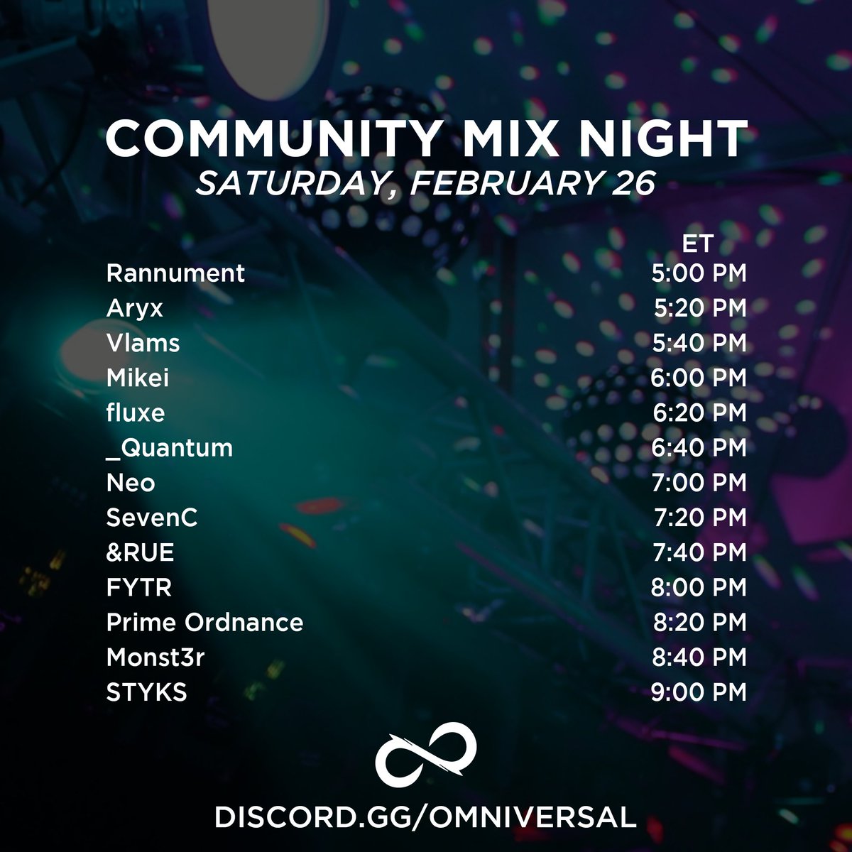 OMNVRSL's tweet photo. We're having our monthly community mix night this Saturday; join our Discord to listen to sets made by various community members! All times are in Eastern Time. 
https://t.co/l6fZIHxe5y https://t.co/zlxUbckhQl