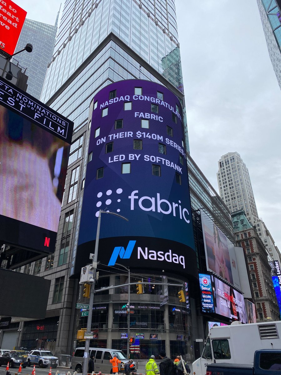 fabric_commerce's tweet photo. This day just keeps getting better! 😀
A few of us were able to make it to NYC to see fabric up on the @Nasdaq tower. 

#teamfabric #futureofcommerce https://t.co/GLgmhNRY7B