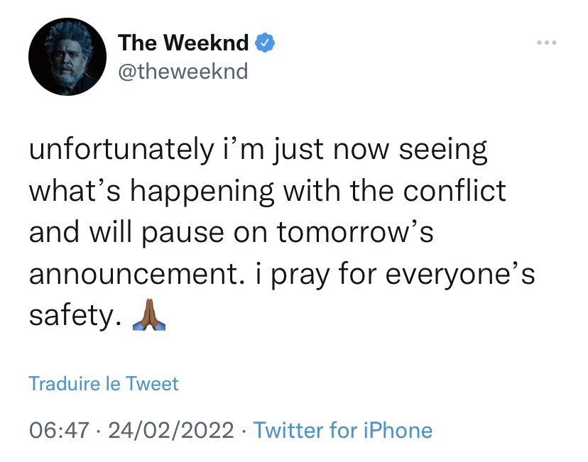 K4PTUR_'s tweet photo. 🗣 The Weeknd à propos de ce qu’il se passe en ce moment entre l’Ukraine &amp; la Russie.

💬 « Je vois ce qui se passe en ce moment et je n’annoncerai rien demain, je prie pour que tout le monde soit en sécurité » https://t.co/98SHpll0nN