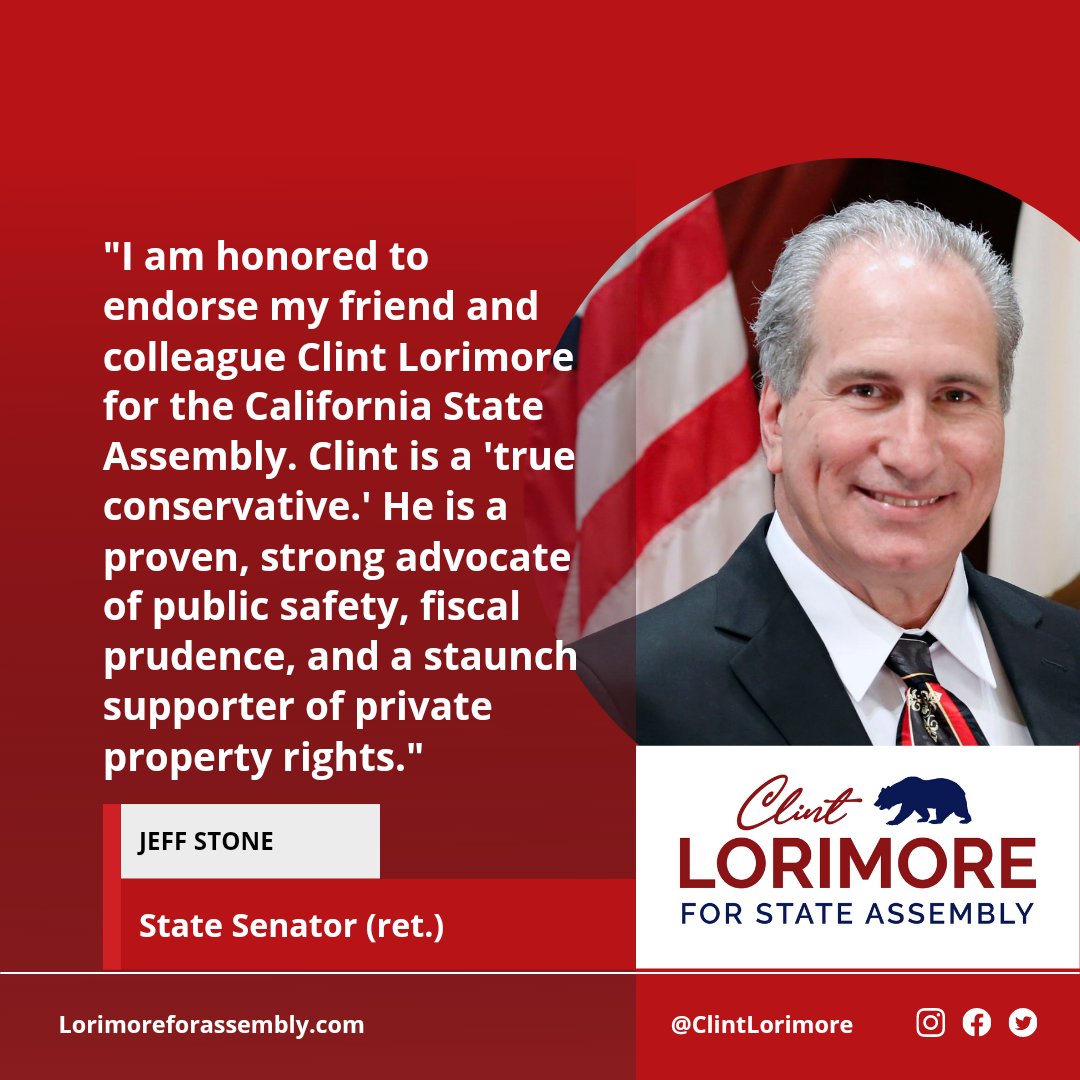 Riverside, CA - I'm honored to share Senator Jeff Stone's endorsement of my campaign for California's 63rd Assembly district. Learn more at lorimoreforassembly.com 

#RiversideCounty #CanyonLake #Menifee #Riverside #AD63 #TemescalValley
#Eastvale #Norco #Corona #LakeElsinore
