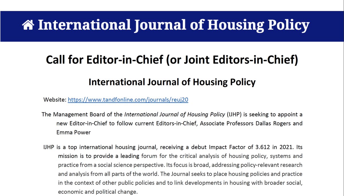 Dallas Rogers (@dallasrogers101) on Twitter photo 💥Call for Editor(s)-in-Chief💥
The International Journal of Housing Policy <a href="/IJHPEditors/">IJHP Editors</a> is looking for a new Editor-in-Chief
This is your chance to join one of the best international housing journals
Website tandfonline.com/journals/reuj20
Application details dropbox.com/s/onavtmvcdpc5… 💥Call for Editor(s)-in-Chief💥
The International Journal of Housing Policy <a href="/IJHPEditors/">IJHP Editors</a> is looking for a new Editor-in-Chief
This is your chance to join one of the best international housing journals
Website tandfonline.com/journals/reuj20
Application details dropbox.com/s/onavtmvcdpc5…
