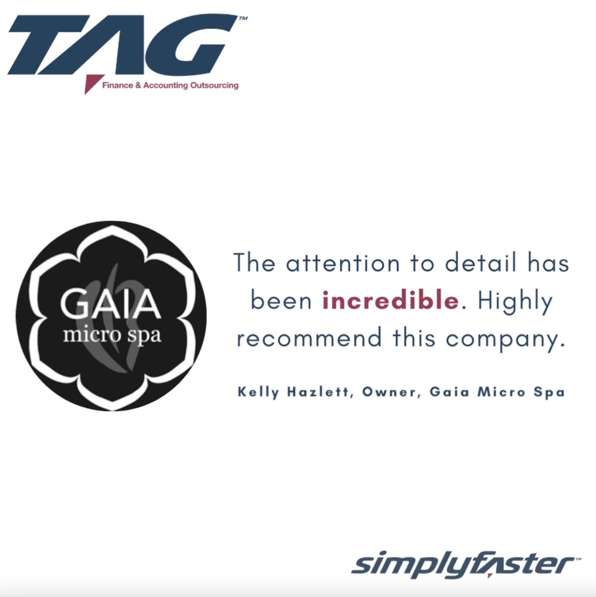 TAGSimplyFaster's tweet photo. Thank you Gaia Micro Spa for the testimonial!

Get back to your business...and we will handle the rest!

#simplyfaster #financeandaccounting #smallbusiness #backoffice #outsource #testimonial #thankyou https://t.co/3UNy6IqfN8