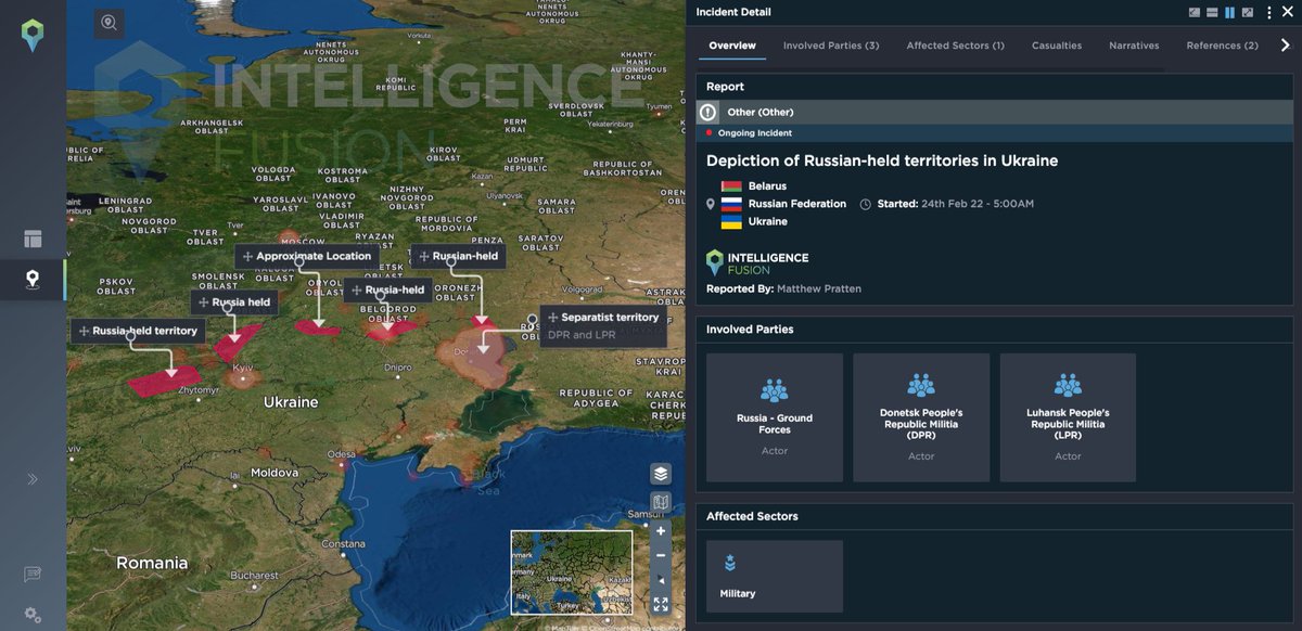 Estimated depiction of Russian-held territories based on OSINT as of 1500hrs GMT. As you would imagine, situation is fluid and we continue to log multiple incidents across Ukraine. To receive daily intelligence summaries of previous 24hrs, sign up at: intelligencefusion.co.uk/insights/resou…