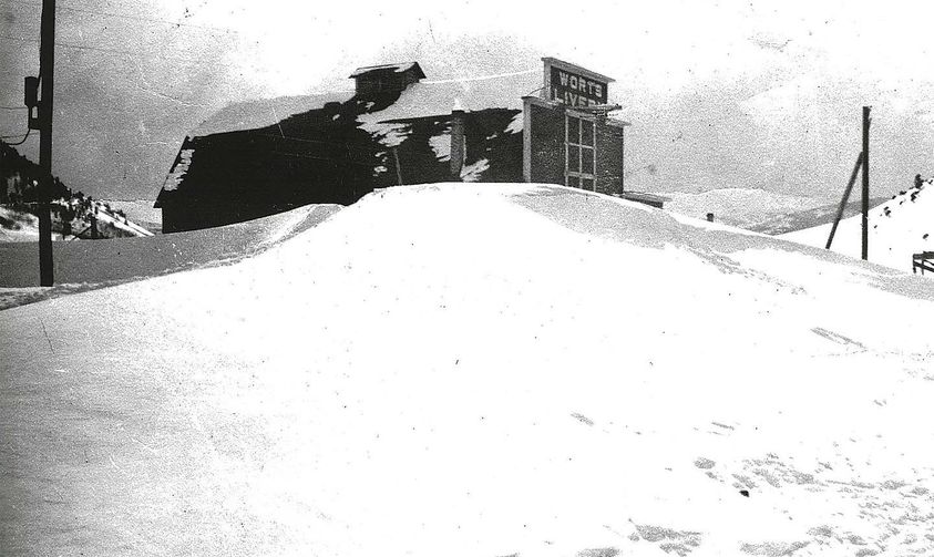 #TBT Photo of the Wort Livery Barn, taken between 1915-1920, shows the depth of snowdrifts that built up in town. This huge drift sits in the center of the intersection of present day Cache Street and Broadway Avenue.
