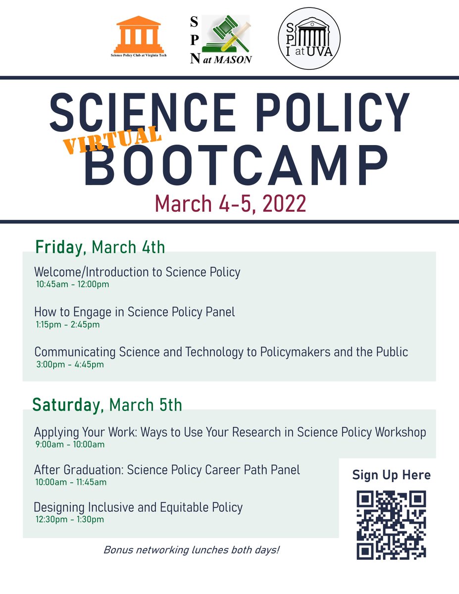 📢BIG NEWS!📢SPEAC is co-hosting a statewide SCIENCE POLICY BOOTCAMP with <a href="/SpnatMason/">Science Policy Network (SPN) at Mason</a>  and support from <a href="/SPIatUVA/">Science Policy Intiative at UVA</a>! This FREE virtual event will be a great intro to #scipol and #scicom with networking opportunities! Register here: forms.gle/7T992uxCZzg47s…