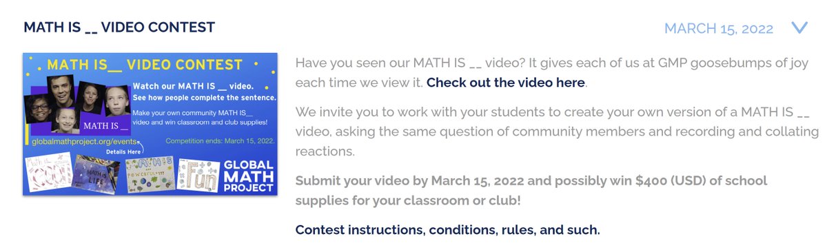 jamestanton's tweet image. THE IDES OF MARCH! THE IDES OF MARCH!
The &quot;Math Is ___&quot; video contest deadline is fast approaching. 
globalmathproject.org/math-is-___-vi…
How do members of your fabulous community complete the sentence in a single word? (See our original video too if you like.)
@GlobalMathProj #iteachmath