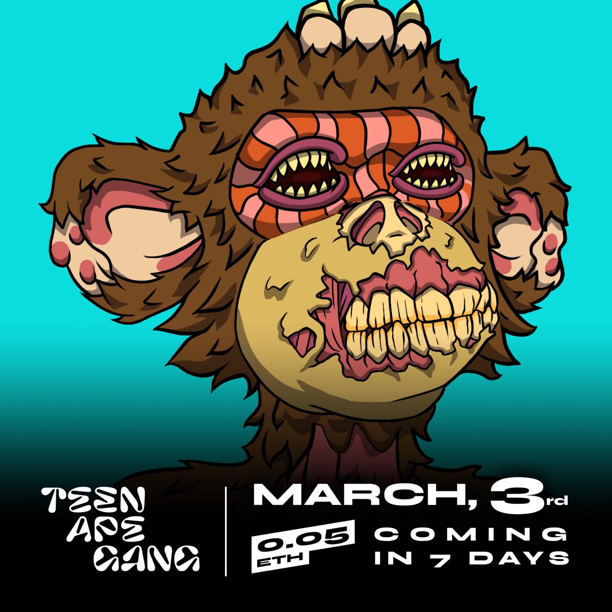 TeenApeGang's tweet image. 7 Days to Go! Mutants are coming.
March 3rd.

Follow + ♥️ and
Join discord.gg/dMckyBnPdk

— Daily Giveaways
— Daily VIP Spots raffle

#NFTs #NFT #NFTCommunity #NFTartist #nftcollectors #NFTGIveaway