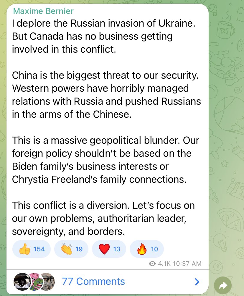 atRachelGilmore's tweet photo. It’s *fascinating* how quickly popular pro-convoy Telegram chats have flipped to posting outright support for Putin — or in less severe cases, encouraging Canada to stay out of Ukraine.

I wonder why that is? 🤔 https://t.co/mjKRaXRSmR