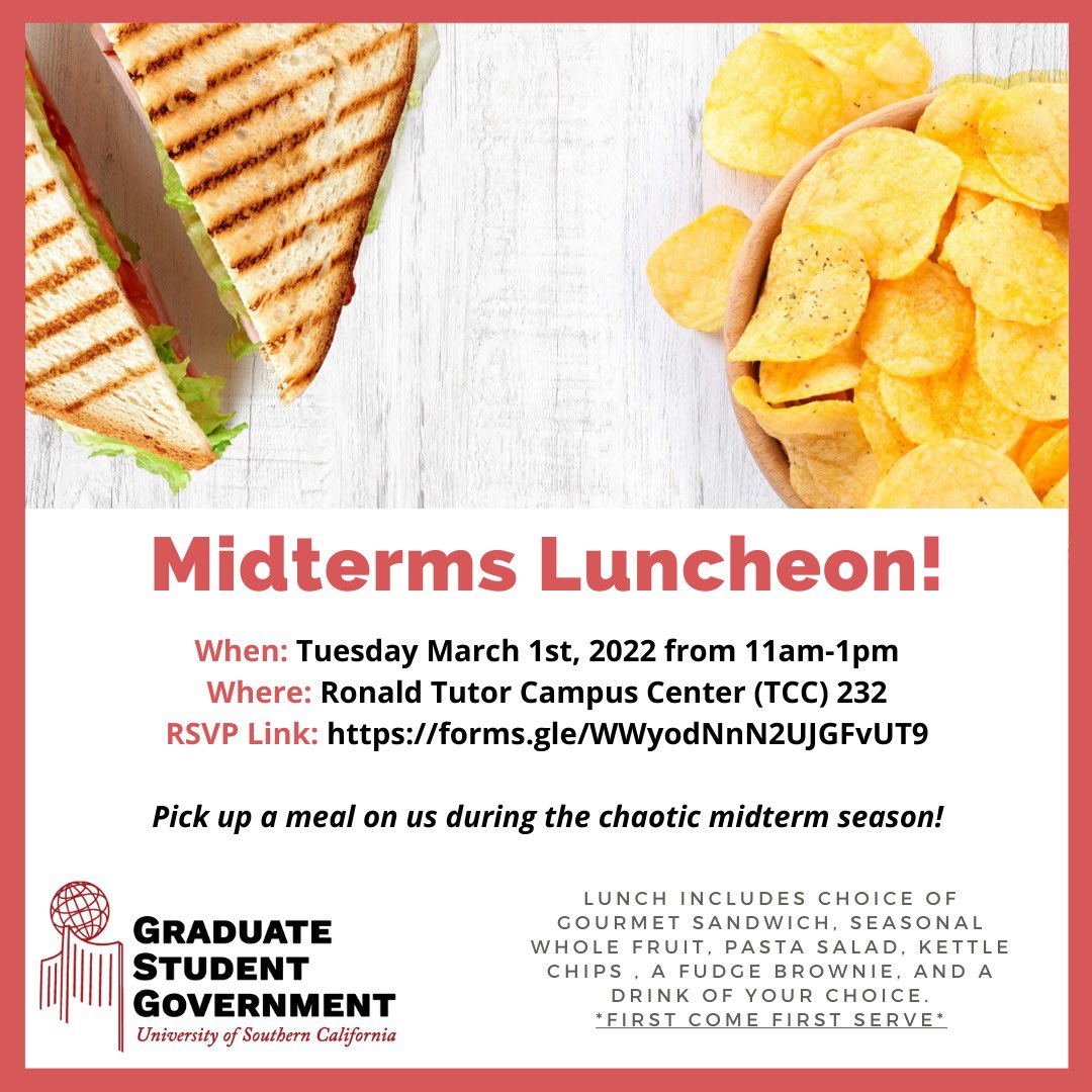 USC Graduate Student Government (@uscgsg) on Twitter photo Come grab a meal on us during this stressful season of midterms! RSVP to secure yours at forms.gle/WWyodNnN2UJGFv… Come grab a meal on us during this stressful season of midterms! RSVP to secure yours at forms.gle/WWyodNnN2UJGFv…