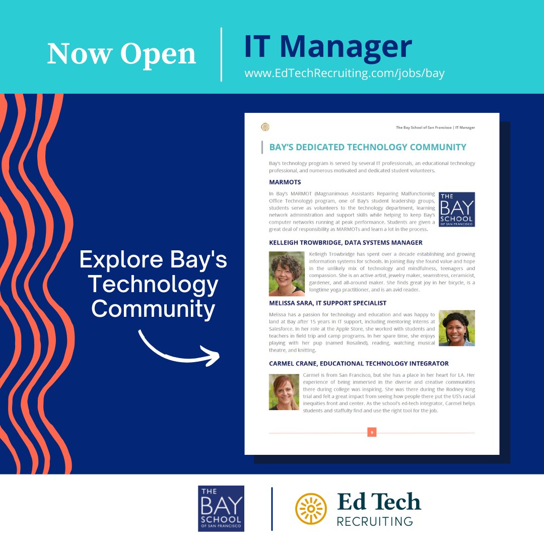 At @bayschoolsf, they balance challenging academics and innovative thinking with a mindful approach to learning and life. The Bay School is now searching for its newest IT Manager. 

If you are curious to learn more about this role, visit the link below! 

edtechrecruiting.com/jobs/bay