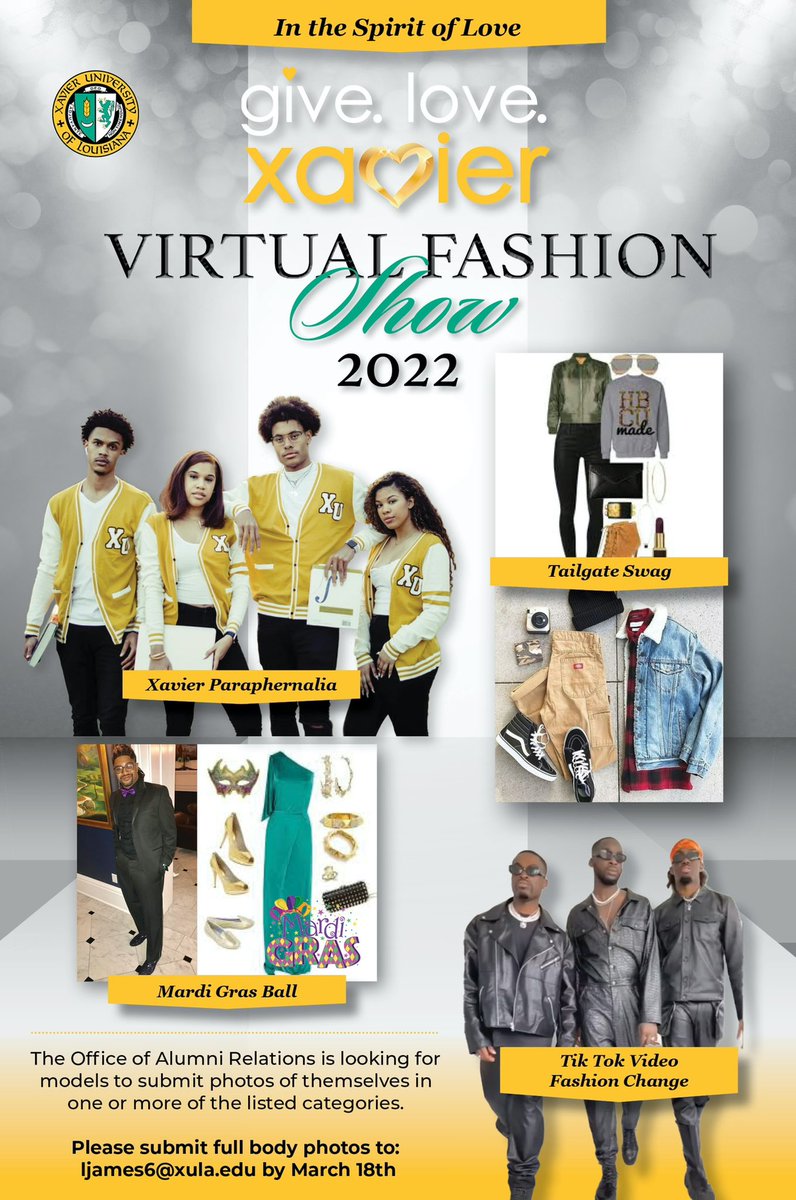 XULA Class of 2023 (@xula_2023) on Twitter photo Hey Xavierites!!! To help the Office of Alumni Relations with Give. Love. Xavier Day, participate in the virtual fashion show. If you want to enter please tag <a href="/XULAalumni/">Xavier Univ. Of LA Alumni Office (XULA 1925)</a> #xula #xula23 Hey Xavierites!!! To help the Office of Alumni Relations with Give. Love. Xavier Day, participate in the virtual fashion show. If you want to enter please tag <a href="/XULAalumni/">Xavier Univ. Of LA Alumni Office (XULA 1925)</a> #xula #xula23