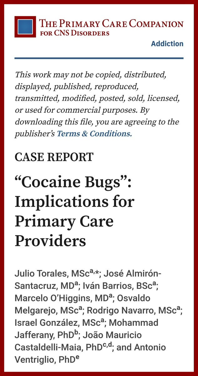 juliotorales's tweet photo. #Cocaína 🌬, #arañas 🕷 y #piel 🫂

1/ Nuestro último artículo científico acaba de ser publicado en la prestigiosa revista “Primary Care Companion for CNS Disorders” (https://t.co/Zru8uU0dOl)

Por lo interesante del caso, abro hilo. https://t.co/UP2PgJzIkp