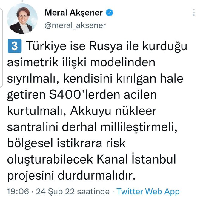 Bu twiti atan bir Ermeni vekili değil, Yunanistan'da bir Parti lideri de değil, Batıdan bir siyasetçi de değil, bu cümleleri yazan Türkiye'den 'sözde ülkücü' bir partinin genel başkanı.

Meral kimin sözcüsü, kimin temsilcisi ?
#DünyaBeştenBüyüktür 
#StopWar