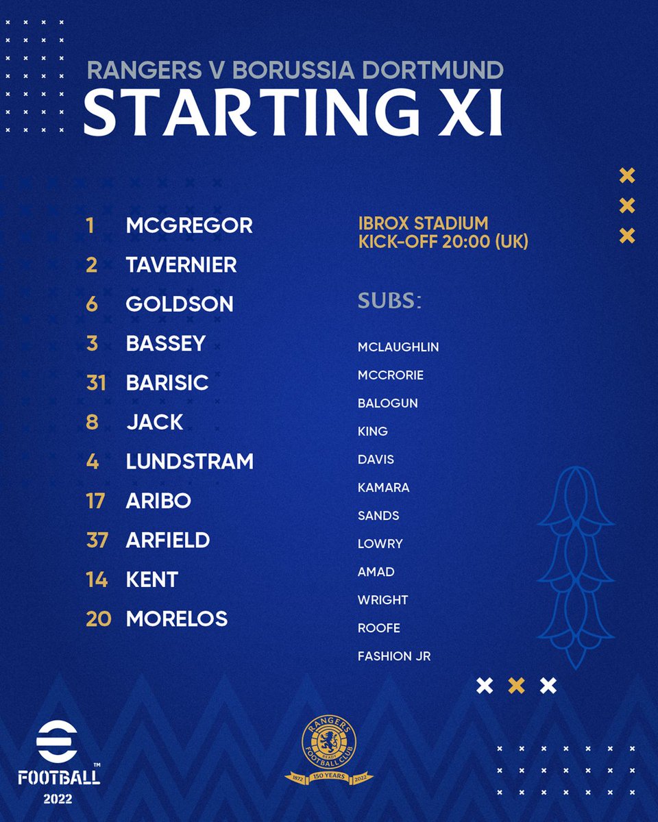 🆕 Tonight's #RangersFC team to face <a href="/BVB/">Borussia Dortmund</a> in the <a href="/EuropaLeague/">UEFA Europa League</a>.

🗒️ Full Team News: rng.rs/3hbtDfZ

#RFCBVB | #UEL