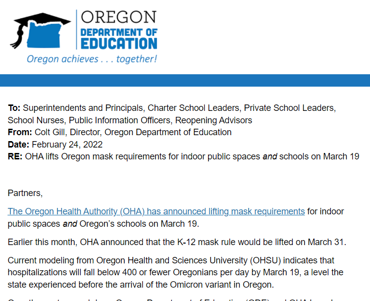 ORDeptEd's tweet photo. OHA lifts Oregon mask requirements for indoor public spaces and schools on March 19
Read more: https://t.co/TM09Oyrmwz https://t.co/dNvlJkOYjv