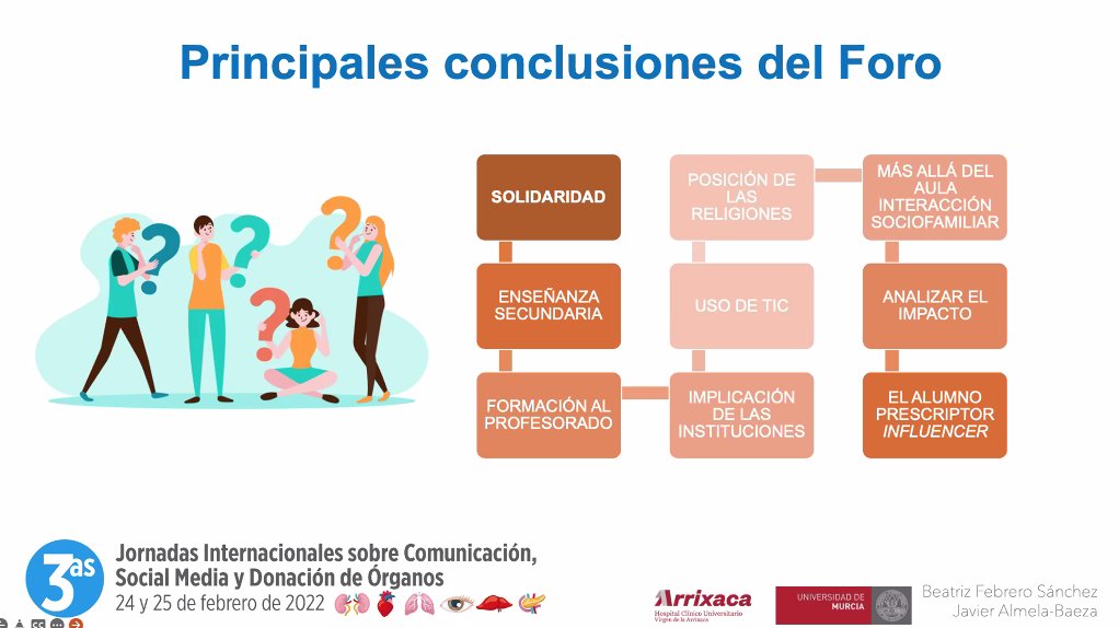 👥 <a href="/javieralmelabae/">Javier Almela-Baeza</a> (<a href="/fcdmurcia/">UMU Comunicación y Documentación</a>) expone las principales conclusiones de incorporar el mensaje de la #donación en las aulas de Secundaria. #RRSSDonación