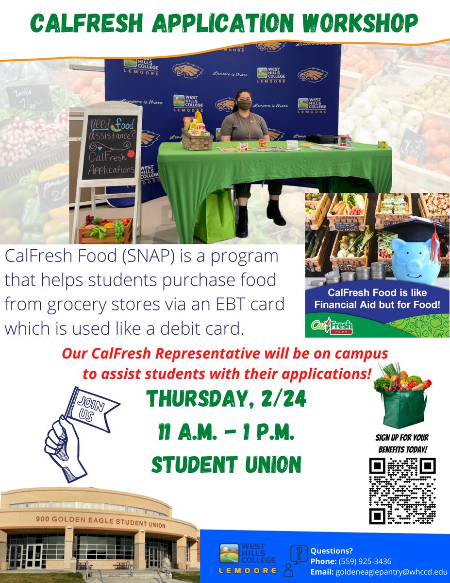 LemooreCollege's tweet image. #CalFreshWeek! Students! Learn about the many benefits of CalFresh! Our CalFresh Representative will be on campus to assist students with their applications today from 11 a.m. - 1 p.m. inside the Student Union! Unable to make it? Visit westhills.cc/3JOj7Y8 for more information