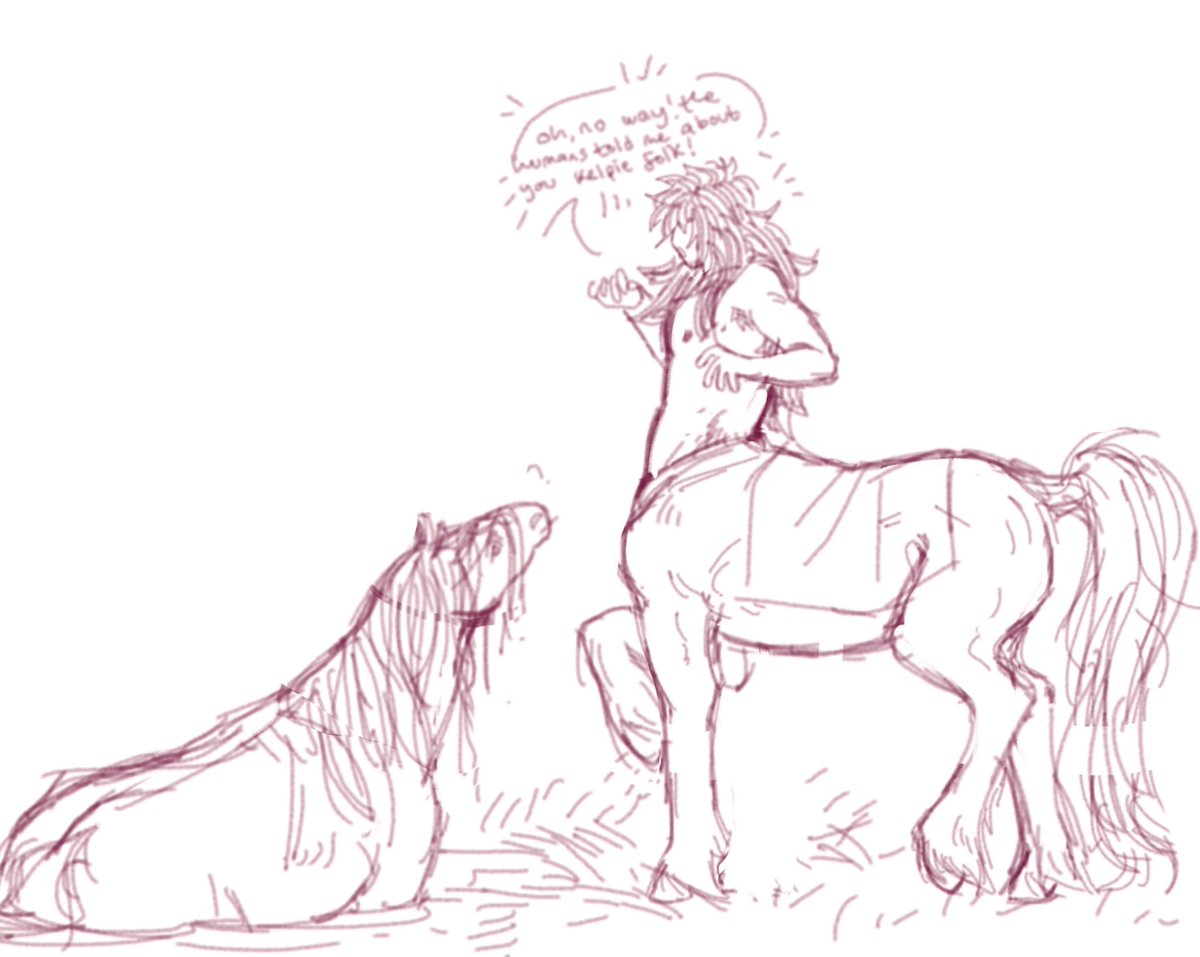 ive been informed ive never shared my centaur ocs on twitter… 
this is artheck and hes a big himbo sweetheart! hes playin w a kelpie :3
#oc #digitalart #originalcharacterart 