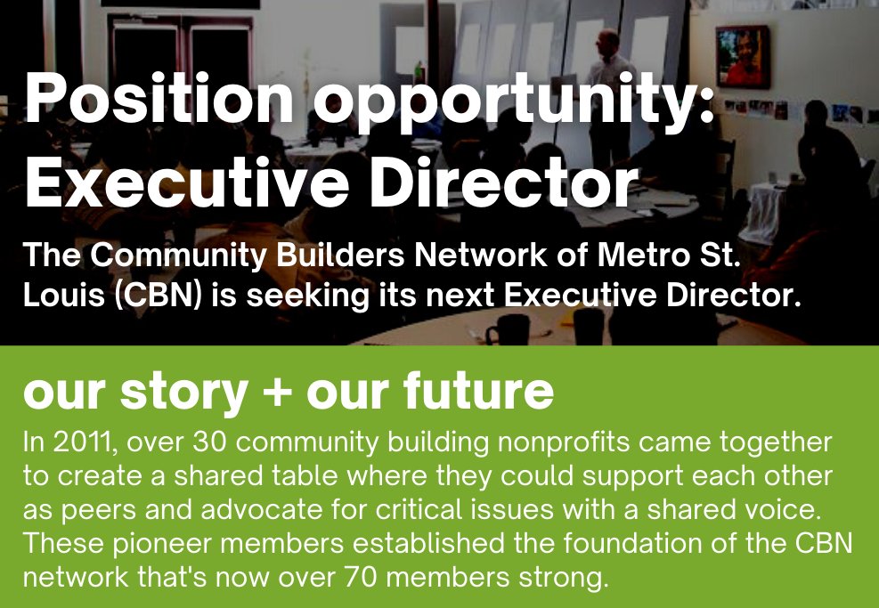 CBNSTL's tweet photo. Reminder! Know someone who'd be a great fit to serve as CBN's next Executive Director? The application window closes tomorrow, February 25!

https://t.co/qrwbihMokT https://t.co/i01gBjZh0p