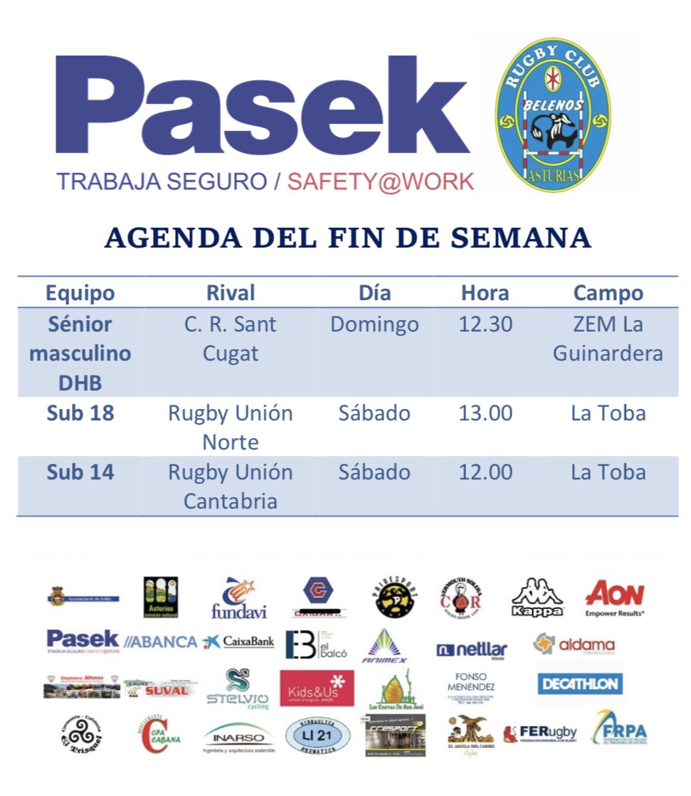 BelenosClub's tweet photo. 📆 AGENDA FIN DE SEMANA 

Los chicos de Sub-14 y Sub-18 juegan en casa frente al Rugby Unión Cantabria y el Rugby Unión Norte respectivamente.El equipo sénior masculino DHB viaja a Barcelona para jugar contra el Sant Cugat 

#DaleBelenos #UnClubUnaFamilia #JuntosPorUnSueño 🏉⚪️🔵 https://t.co/oRZhXLxbVN